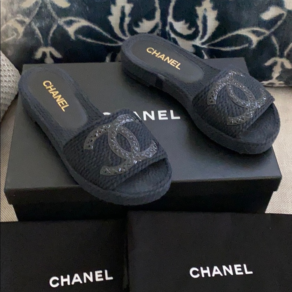 Chanel black espadrille slides 36 worn once